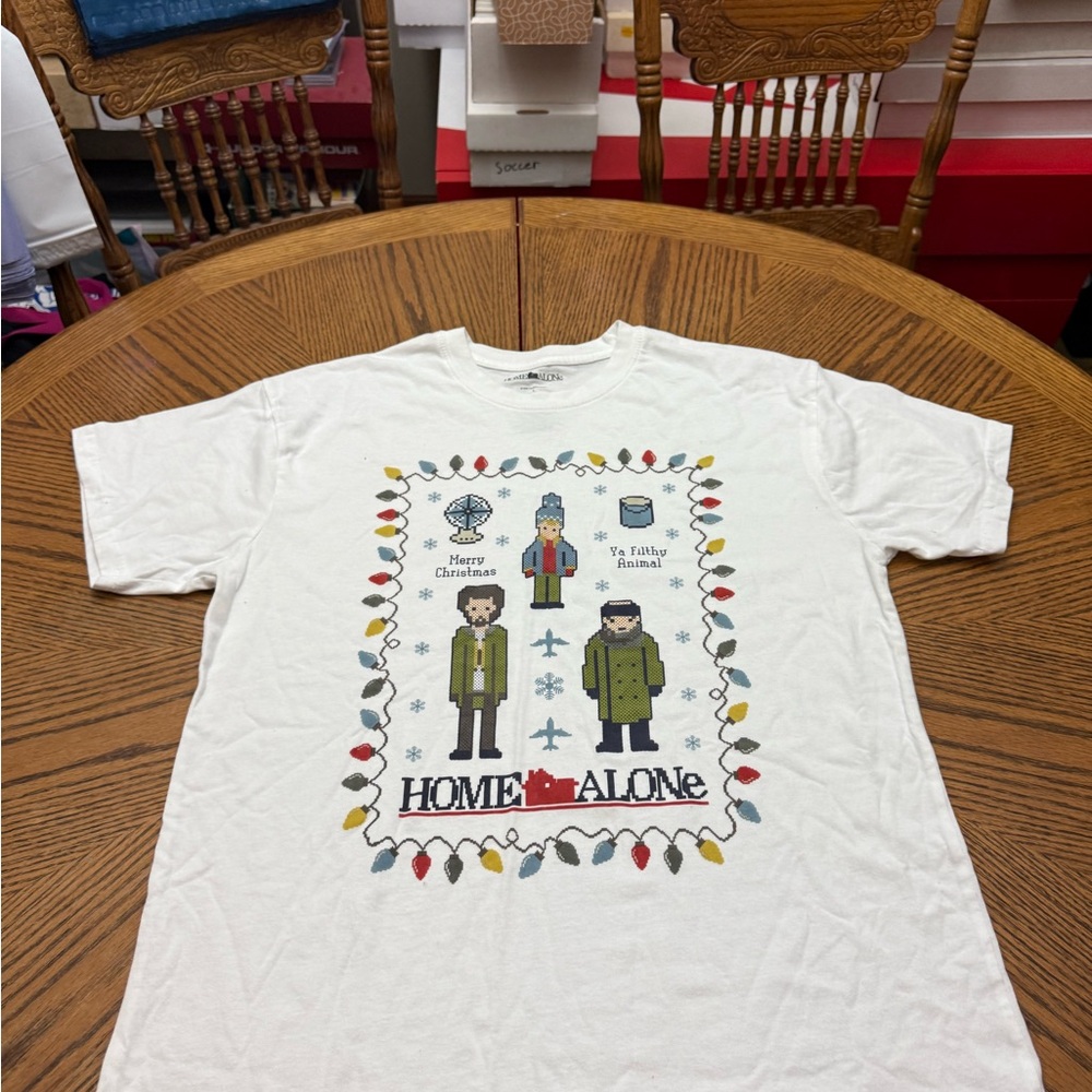 White Short Sleeve Tee with Festive Home Alone Design